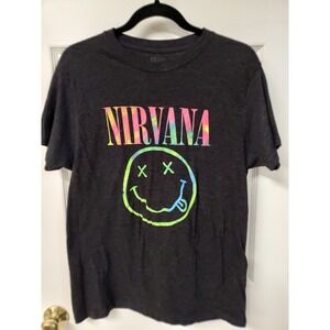 Nirvana Shirt Women Size Large Charcoal Gray Heather Tie Dye Smiley Short Sleeve